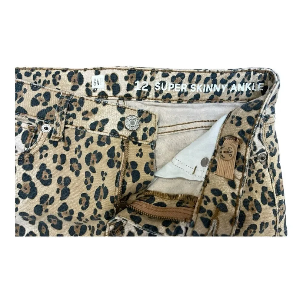 Gap Animal Leopard Print Sz 12 Super Skinny Ankle Jeans Raw Hem EUC Adjustable